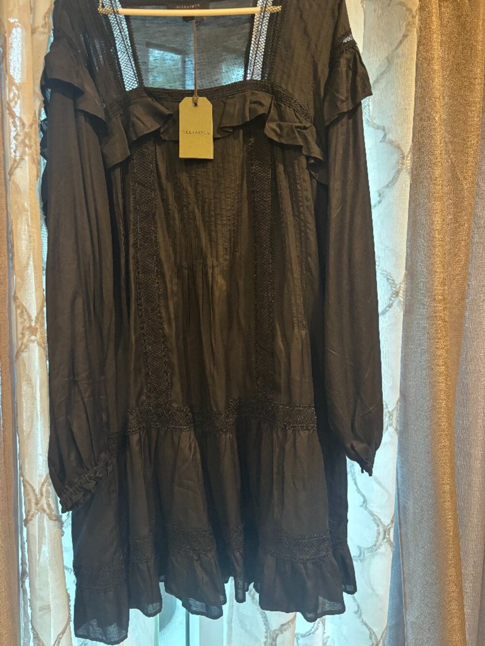 NWT AllSaints Black Juliette Pintuck & Ruffle Long Sleeve Square Neck Dress